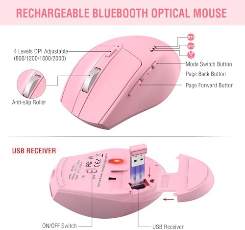 MK960 Ergonomic Wireless Keyboard Mouse Combo, Bluetooth/2.4G Split Design Keyboard with Palm Rest and 4 Level DPI Adjustable Wireless Mouse Multi-Device, Rechargeable, for Windows/Mac/Android(Pink)