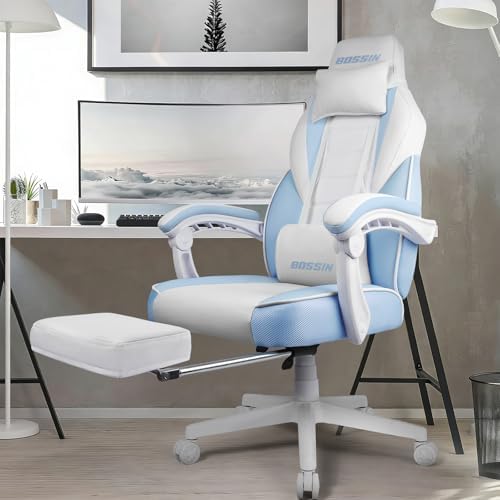 BOSSIN Gaming Chair with Massage, Ergonomic Heavy Duty Design with Footrest and Lumbar Support, Large Size Cushion High Back Office Chair, Big and Tall Gaming Computer Chair for Kids（White and Blue）