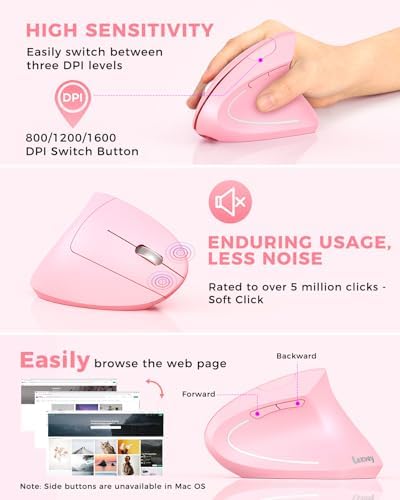 Lekvey Ergonomic Mouse, Rechargeable Vertical Wireless Mouse, Pink