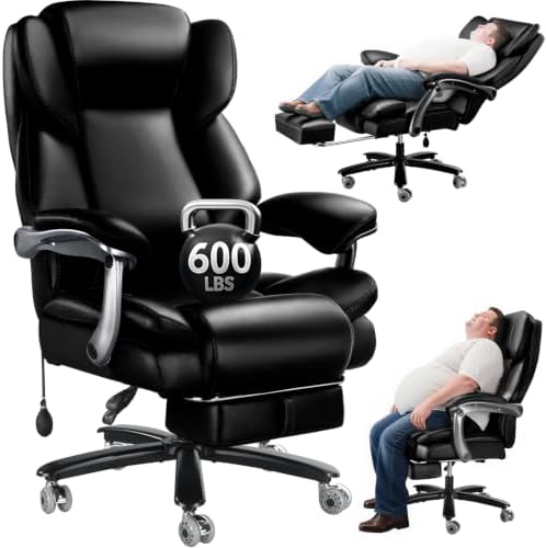 600lbs Big and Tall Office Chair for Heavy People,Heavy Duty Comfy Executive Office Desk Chair with Adjustable Lumbar Support,High Back Reclining PU Leather Computer Chair,Metal Base (Reclining Black)