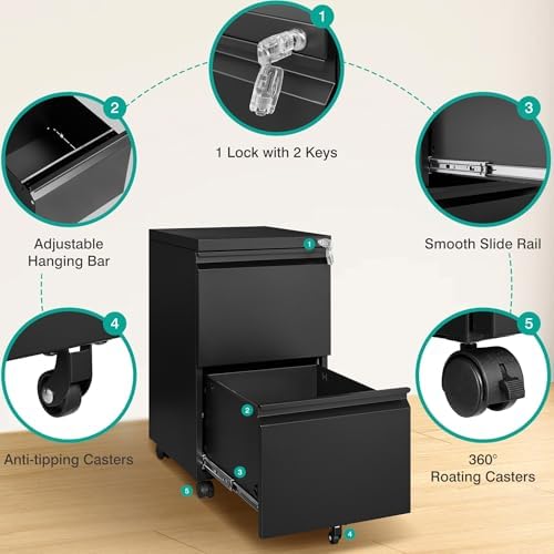 SISESOL Assembled 2 Drawer File Cabinet on Wheels,Metal Filing Cabinet with Lock,Black Rolling File Cabinets,Under Desk Office Cabinets for Home Office,Fit A4/Letter/Legal,Pre-Assembled Except Caster