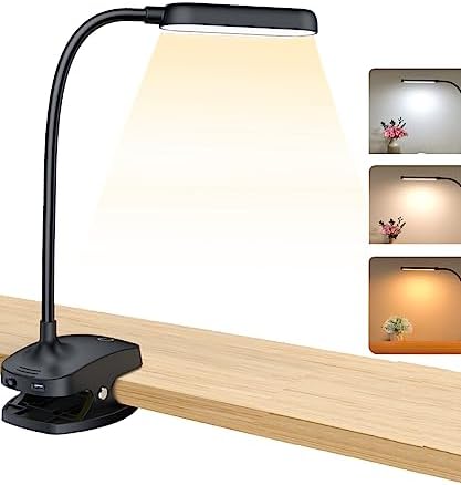 COLORLIFE Desk Lamp Clip On Light-7W 2600mAH Flexible Gooseneck Battery Operated Rechargeable Reading Lamp with Clamp & Stepless Brightness for Desk,Piano,Bed Headboard and Computers