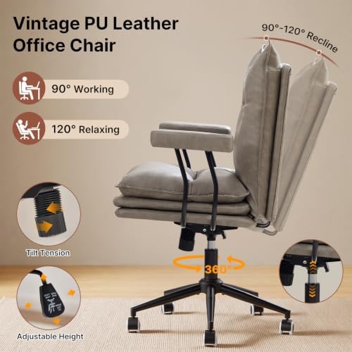 Leather Office Chair,Detachable Armrests,360°Swivel Mid Century Modern