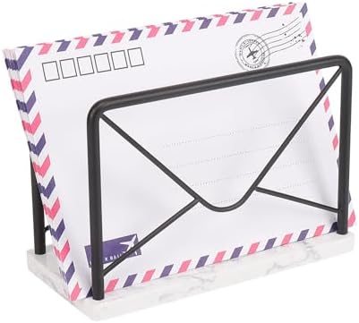Modern Mail Holder for Home Office, Metal Letter Organizer Sorter for Desk, Cutout Mail Envelope Design, Bill Filling Paper Document Rack, Envelope Storage Rack with Marble Base (Black)