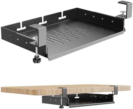 BYMECOST No Drill Under Desk Laptop Mount, Metal Under Desk Storage Shelf