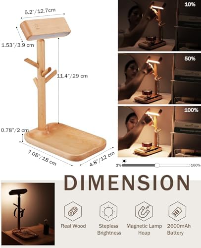 Cordless Table Lamp, Rechargeable Wooden Lamp with Organizer Tray