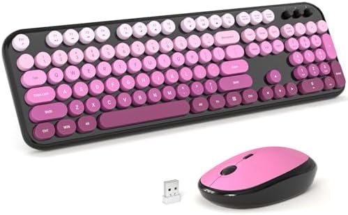 MOFII Wireless Keyboard and Mouse Combo, Full Size 2.4G Retro Round Computer Keyboard and Mouse Set, Plug and Play, for Windows, Computer, Desktop, PC, Notebook - (Black Pink Gradient)
