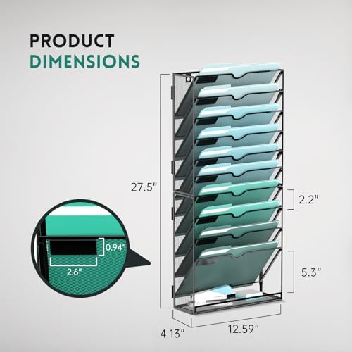 11-Tier Wall File Organizer, Hanging File Holder, Wall Mounted Mail Sorter