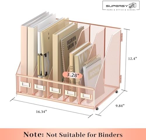 SUPEASY Desk Organizers Metal Desk Magazine File Holder with 5 Vertical Compartments Rack File Organizer for Office Desktop, Home Workspace, Rose Gold