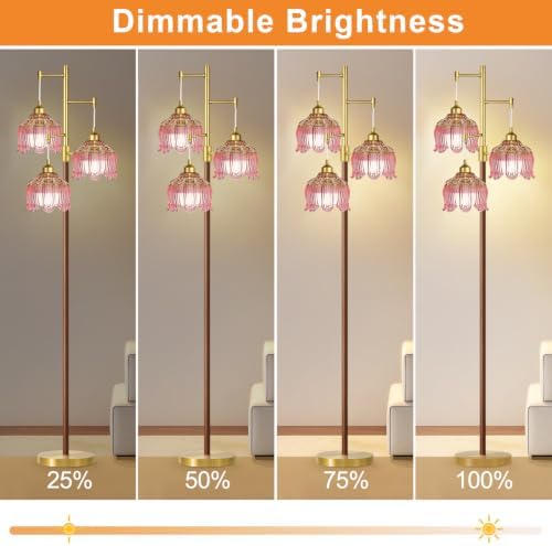 Vintage Floor Lamps for Living Room 3 Light Glass Floor Lamp with Pink Glass Lampshape, Dimmable Flower Floor Lamp Gold Mid Century Modern Standing Lamp Tall Tree Wood Floor Lamp for Bedroom Corner