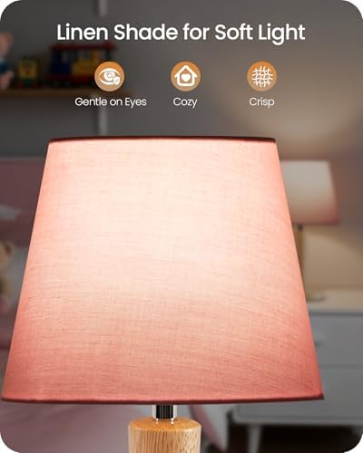 12" Wood Bedside Table Lamps Set of 2, Small Desk Lamps for Small Places, 3 Color Temperatures with Memory, Pink Linen Shade & E26 Bulbs, for Bedroom Living Room Office MP13TLP205