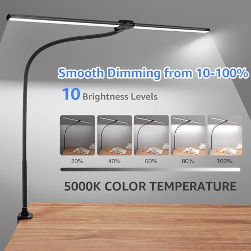 ShineTech LED Desk Lamp for Home Office, 5000K Bright Double Head Architect Task Lamps with Clamp, Dimmable Adjustable Flexible, Black