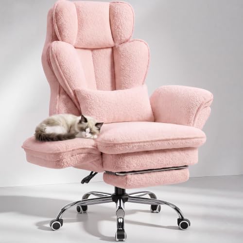 GTPLAYER Big and Tall Office Chair Flip Armrests Criss Cross Desk Chair with Pocket Spring Cushion & Ergonomic Lumbar Support for Lower Back Pain Relief Wide Seat Comfy Teddy Fleece,Pink