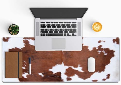 Brown Cowhide Print Gaming Mouse Pad, Extended Large Mouse Mat Desk Pad, Big Computer Keyboard Desk Pad, Stitched Edges Mousepad, 3mm Thick Long Non-Slip Rubber Base Mice Pad, 31.5 X 11.8 Inch