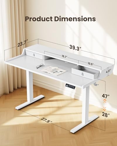 ErGear Electric Standing Desk with Drawers, 40″ x 24″ Small Gaming Table Compatible Monitor Stand, Stand up Desks, Home Office Height-Adjustable Desk with Storage Shelf, 4 Preset Heights, White