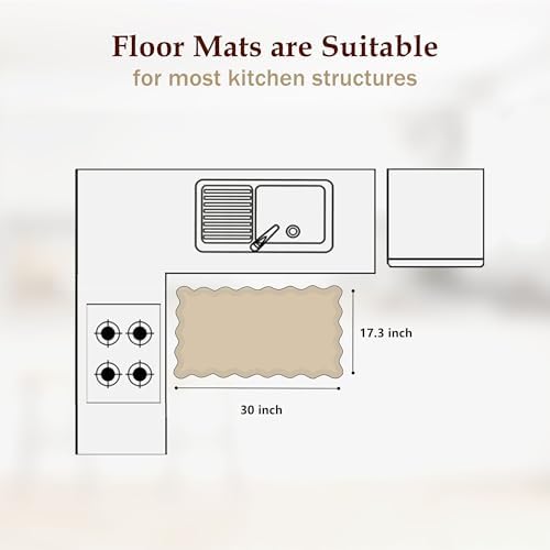 Arenarug Scalloped Kitchen Mats for Floor Cushioned Anti Fatigue Kitchen Mats Rugs Waterproof Non Slip Farmhouse Boho Floral Comfort Foam Standing Mat for Sink Laundry, White, 17.3x30