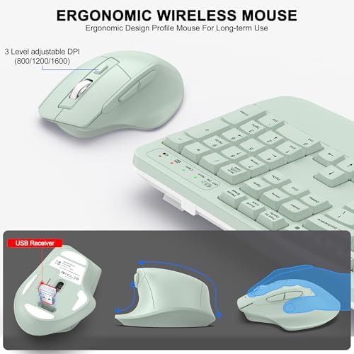 Wireless Keyboard and Mouse Combo, 2.4G Ergonomic Wave Key(Avocado Green)