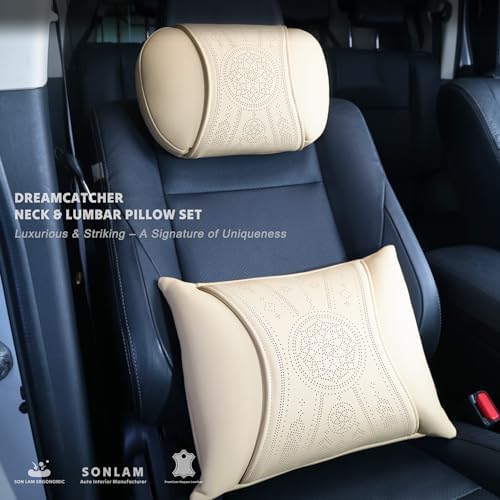 Neck Support Pillow Set for Car & Office Chair - Prosperity & Luck Dreamcatcher - Orthopedic Lumbar & Cervical Pillow for Pain Relief &Posture Correction (Neck Pillows (Beige))