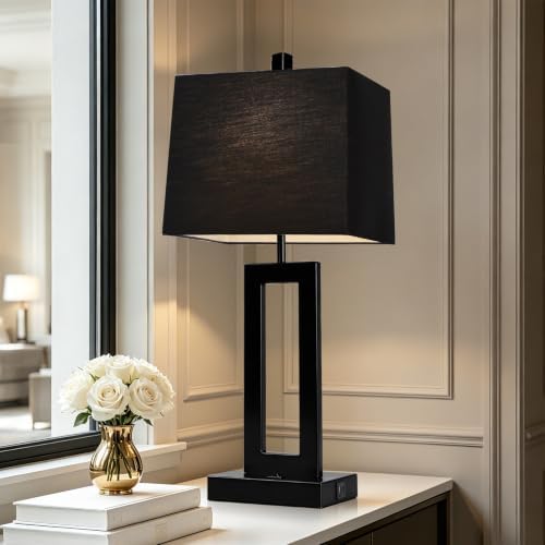 Cinkeda Black Bedside Table Lamp Set of 2, Nightstand Lamps with USB Ports