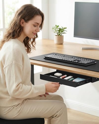 PUTORSEN Under Desk Storage Drawer 14.8" Wide - Smooth Slide Out Organizer for Standing Desk & Home Office, Max Load 17.6 lbs, Quiet Glide, Black