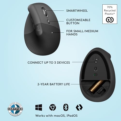 Logitech Lift Vertical Ergonomic Mouse, Wireless, Bluetooth or Logi Bolt USB Receiver, Quiet clicks, 4 Buttons, Compatible with Windows/macOS/iPadOS, Laptop, PC - Graphite (Renewed)