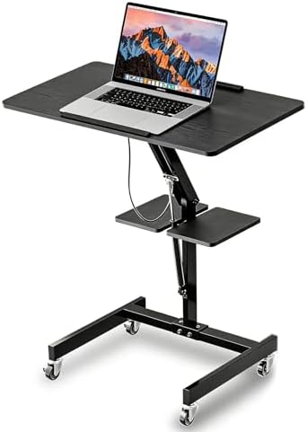 Mobile Standing Desk with Wheels, Height Adjustable Laptop Table, 27.56 Inch Portable Ergonomic Workstation with Locking Casters & Tilting Top, Black