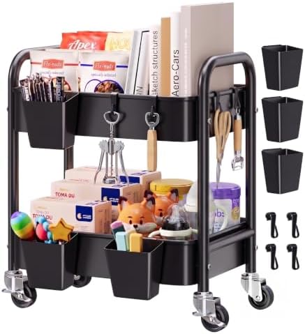 2 Tier Small Rolling Cart Metal with Wheels, Black Under Desk Storage Carts