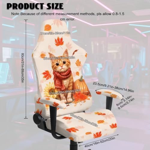 Fall Maple Leaf Gaming Chair Protector Slipcover 4-Piece Fits Office/PC Boss Recliners Anti-Scratch Washable with Zipper for Living Room Orange Cat Pumpkin