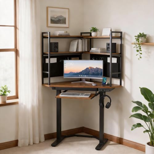 Electric Standing Desk, Corner Office Desk for Small Space, Brown
