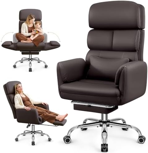 Big and Tall Office Chair 500LBS, Ergonomic High Back Leather Executive Chair, Reclining Swivel with Adjustable Armrests Lumbar Support Footrest, Cross Legged, Coffee