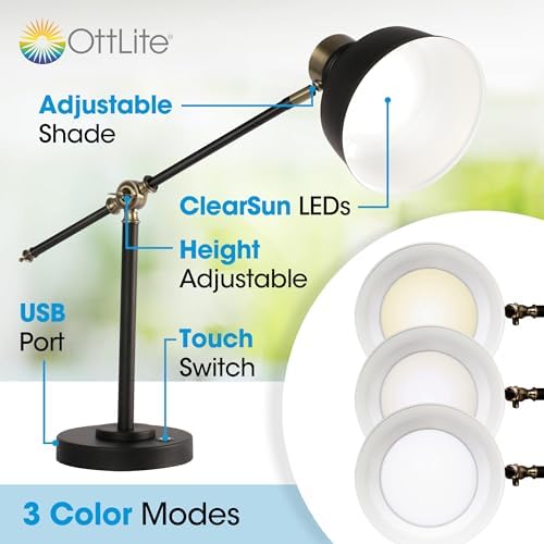 OttLite Balance LED Desk Lamp with USB Port, Black with Gold Accents