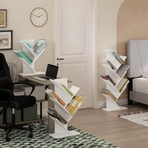 Furinno Tree Book Shelf, 5-Tier Bookshelf with Angled Open Shelf, Tree Bookcase for Room Decor, 8.4 x 15.7 x 30.3, for Organization and Storage, for Living Room, Bedroom, Home Office, White
