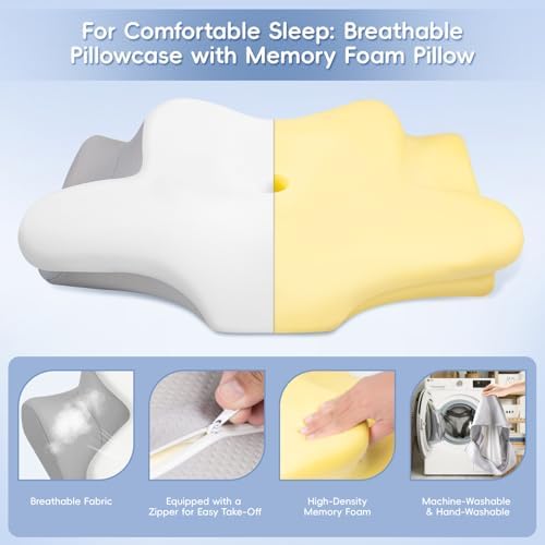 Cervical Neck Pillow, Memory Foam Pillows for Neck and Shoulder Pain Relief, 2 Heights Ergonomic Pillow with Breathable Ice Silk Cover, Neck Support Pillow for Side Sleepers,White
