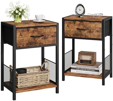 Night stand Set of 2 with Fabric Drawer, Rustic Brown Bedside Table