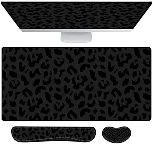 3Pcs Large Gaming Mouse Pad Desk Mat,Keyboard Mouse Wrist Rest Support Set,Extended Laptop Mouse Pad Memory Foam Non-Slip Base for Gamer Home Office(31.5x15.7in)-Black Leopard Cheetah