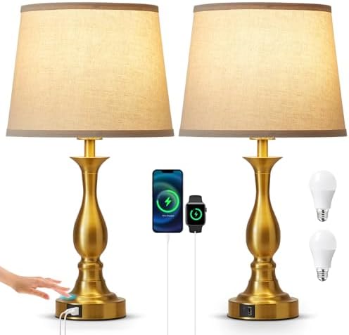 Bedside Table Lamp Touch Control Bedroom Lamps with USB A and C Charging Port 3 Way Dimmable Touch Lamps for Nightstand Living Room Bedroom Dorm Home Office Reading, Set of 2