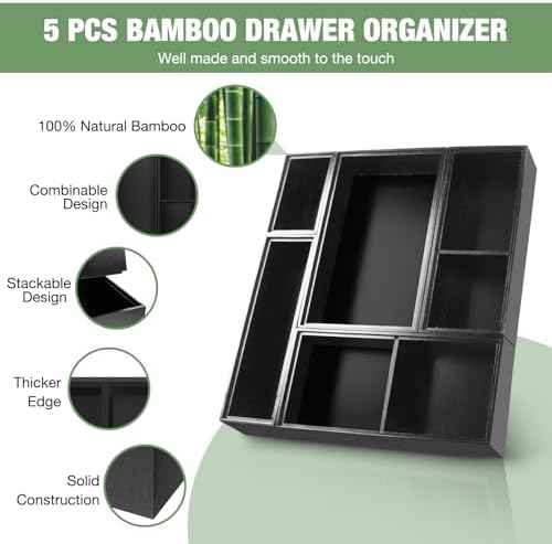 Bamboo Drawer Organizer,5 PCS Black Silverware Tray&Desk Organizers and Storage,Cabinet Divider With Removable Bathroom Organization for Kitchen,Utensils,Junk,Office,Makeup
