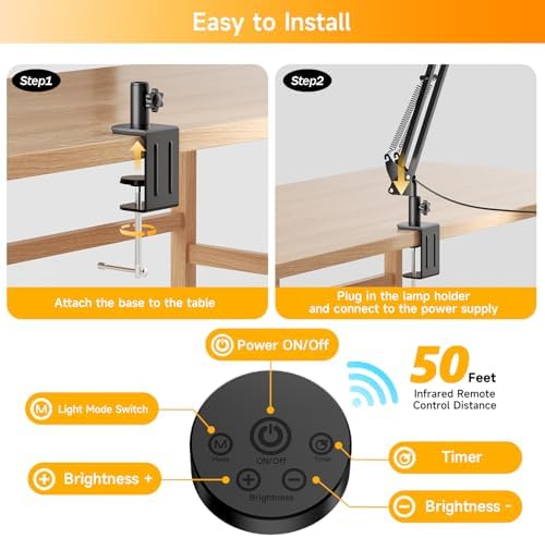 SKYLEO Led Desk Lamp for Home Office - 2400LM Ultra Bright Desk Light -Eye Caring Desk Lamp with Clamp - Adjustable Office Lamp with Remote Control- Easy Installation - 24W Black