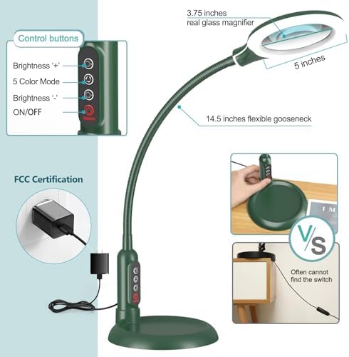 10X Magnifying Glass with Light and Clamp, 5 Color Modes Stepless Dimmable Lighted Magnifier with Stand, Flexible Gooseneck LED Desk Lamp Hands Free for Craft Painting Hobby Close Work - Green
