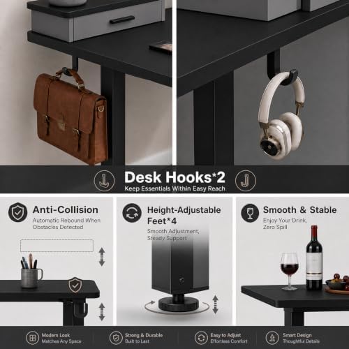Grandder Electric Standing Desk with Two Drawers, Curved Sit to Stand Up Height Adjustable Desk with Storage Shelf for Home Office, 47 * 26 Inch, Study, Ergonomic Adjustable Computer Desk, Black