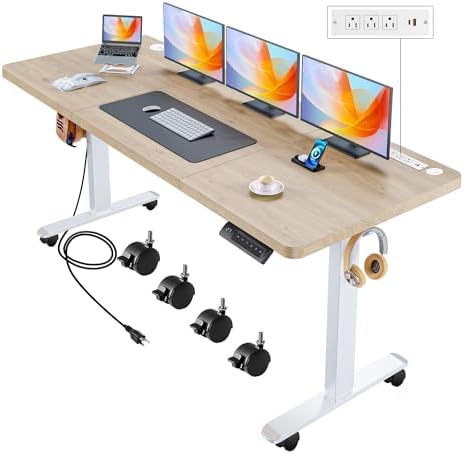 70.8'' x 27'' Electric Standing Desk Adjustable Height with Charging Station, Wheels, 2 USB Ports, 3 Power Outlets, 27''-46'' Lifting Range Stand up Desk for Home Office(Oak Gery)