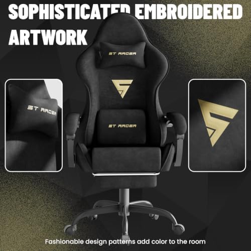 Ferghana Ergonomic Velvet Gaming Chair with Massage, Footrest & Reclining High Back, Racing Style Computer Desk Chair for Adults, Home Office Use, Black
