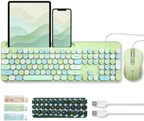X9 Wired Keyboard and Mouse Combo - Retro Typewriter Keyboard with Round Keycaps, Soft White Backlight, Phone Dock, 109 Full-Size Keys, Cute Wired Green Keyboard and Mouse for Laptop, PC & Chromebook