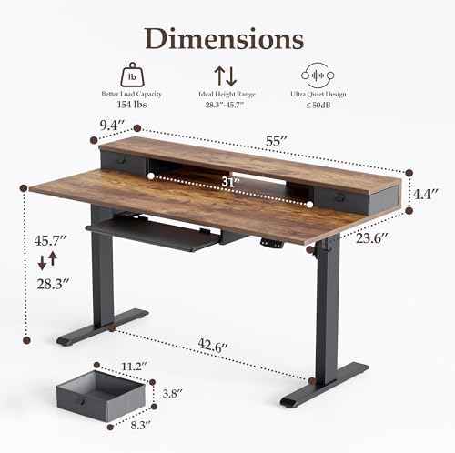 Klicelor 55 x 24 Inch Electric Standing Desk with Drawers and Keyboardtray, Adjustable Height Small Sit Stand Desk for Home Office, Compact Computer Workstation with Storage- Rustic Brown