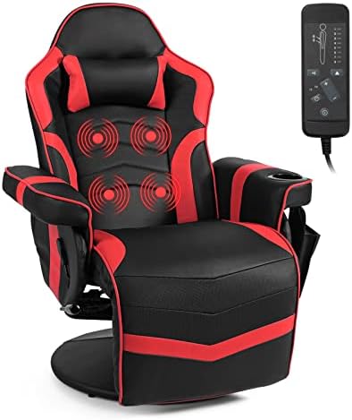 GYMAX Gaming Chair with Footrest, Massage Video Game Chairs for Adults with Remote, Adjustable Backrest, Headrest, Cup Holder & Side Pocket, Ergonomic High Back Office Computer Chair (Red)