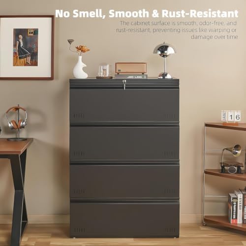 Guizeeopo Metal File Cabinet with Lock, 4 Drawer Lateral File Cabinets for Home Office, Heavy Duty Office Storage Cabinet for A4/Letter/Legal Size, Assembly Required(Black)