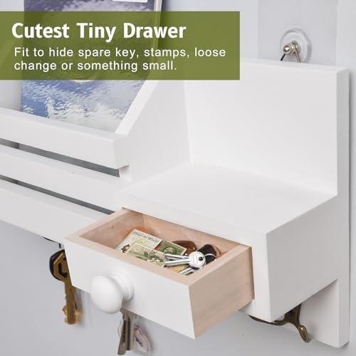 Key Holder Wall Mount, Wooden Key and Mail Organizer, White