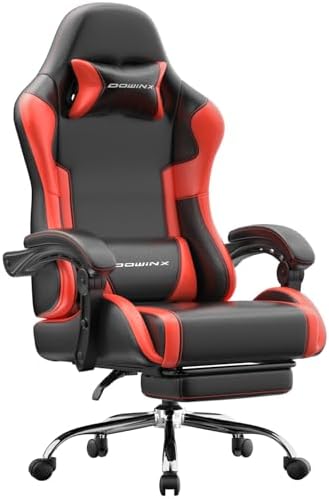 Dowinx Ergonomic Gaming Chair with Footrest & Massage Lumbar, 2D-Linkage Armrests for Computer Chair 330lbs with Headrest Pillow for Office, Home, Streaming and Long Gaming Sessions, Red