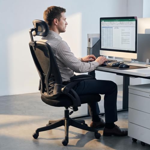 Ergonomic High Back Mesh Office Chair with Adjustable Headrest & Flip Up Armrest, Height Adjustable Swivel Rolling Desk Chair, 300LBS Breathable Computer Task Chair for Home Office(Grey)