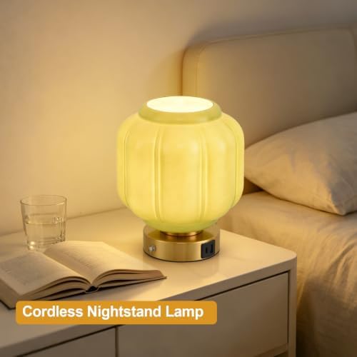 Rechargeable Table Lamp, Cordless Green Glass Bedside Lamp Small